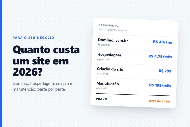 Orçamento de site para pequena empresa: domínio R$ 40 por ano, hospedagem a partir de R$ 4,79 por mês, criação a partir de R$ 299 e manutenção de R$ 199 por mês