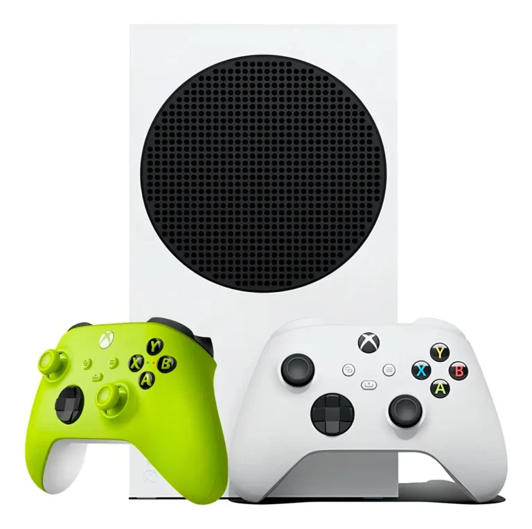 Console Xbox Series S branco com dois controles, um branco e um verde