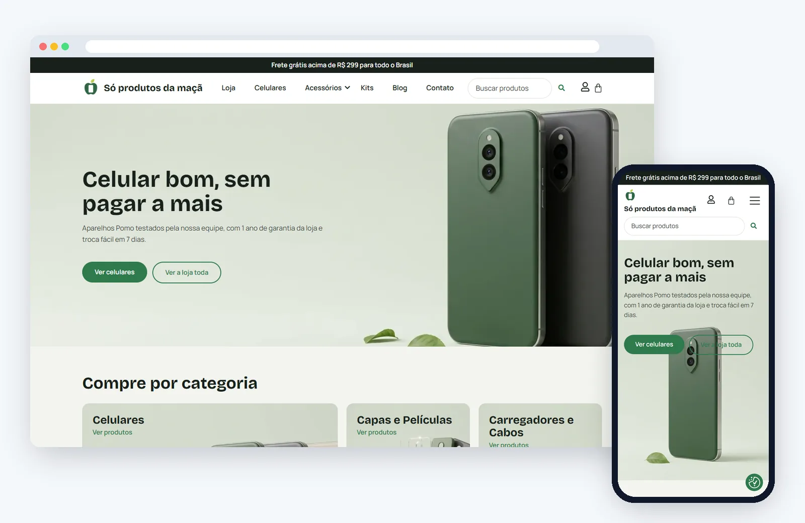 Loja virtual demonstrativa Só produtos da maçã no computador e no celular